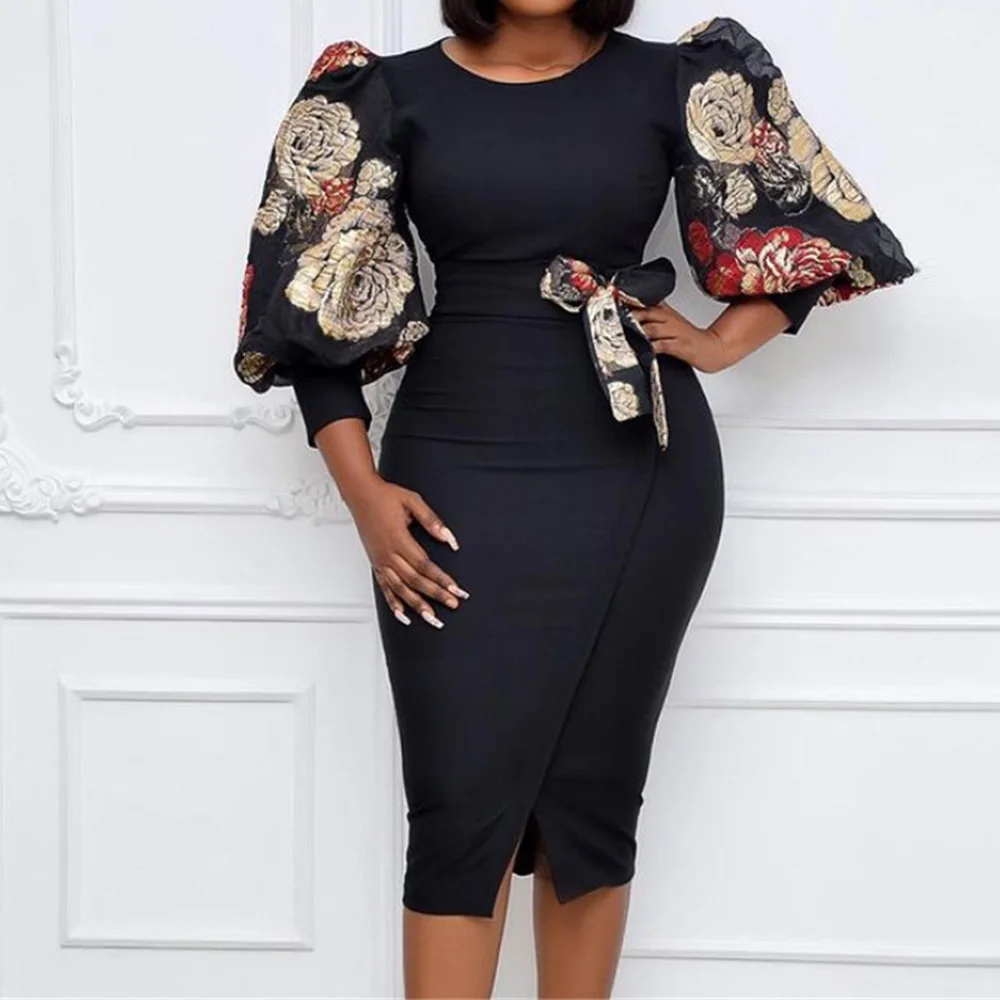 

Women Black Office Bodycon Dresses Women Elegant Floral Print Lantern Sleeve Summer Dress 2021 African Ladies Party Maxi Robe