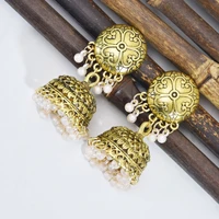 bohemian ethnic pearl pendant traditional earrings indian jhumka jhumki golden vintage birdcage bell earrings gypsy jewelry