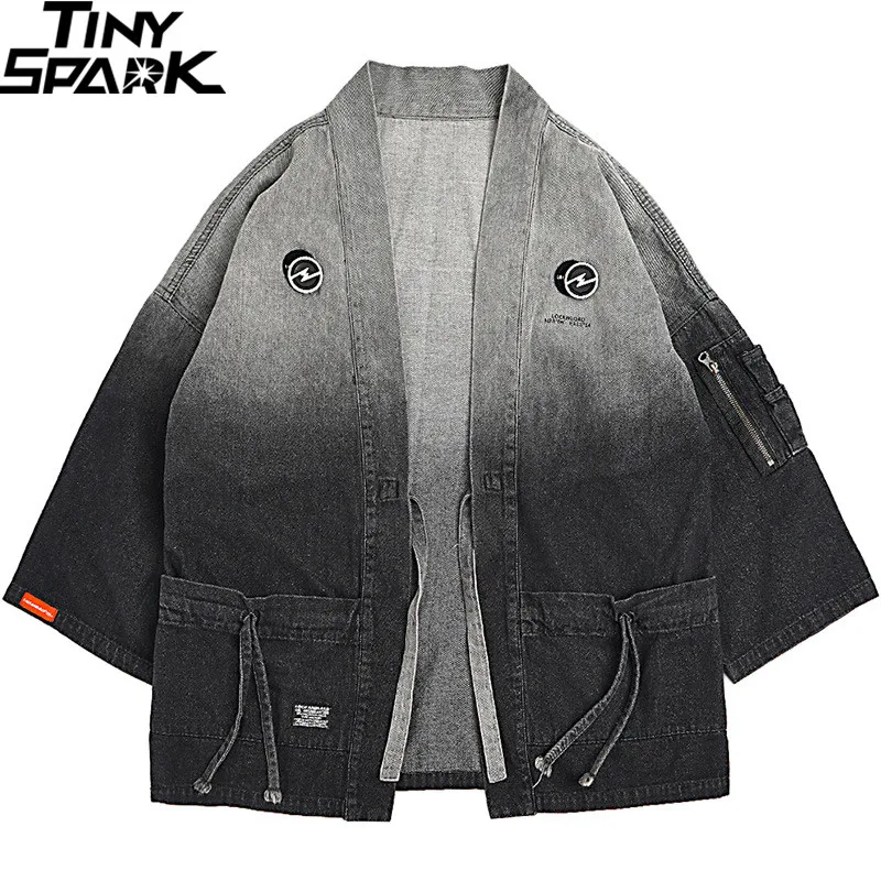 

Джинсовая уличная одежда в японском стиле хип-кардиган кимоно с градиентом Мужская куртка джинсовая японский хоп винтажная куртка Харадзю...