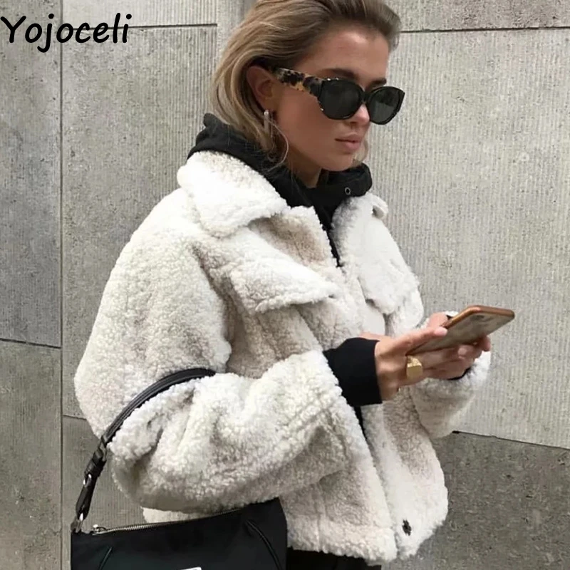 Yojoceli/крутая куртка с карманами из меха ягненка Женская осенне Белая теплая