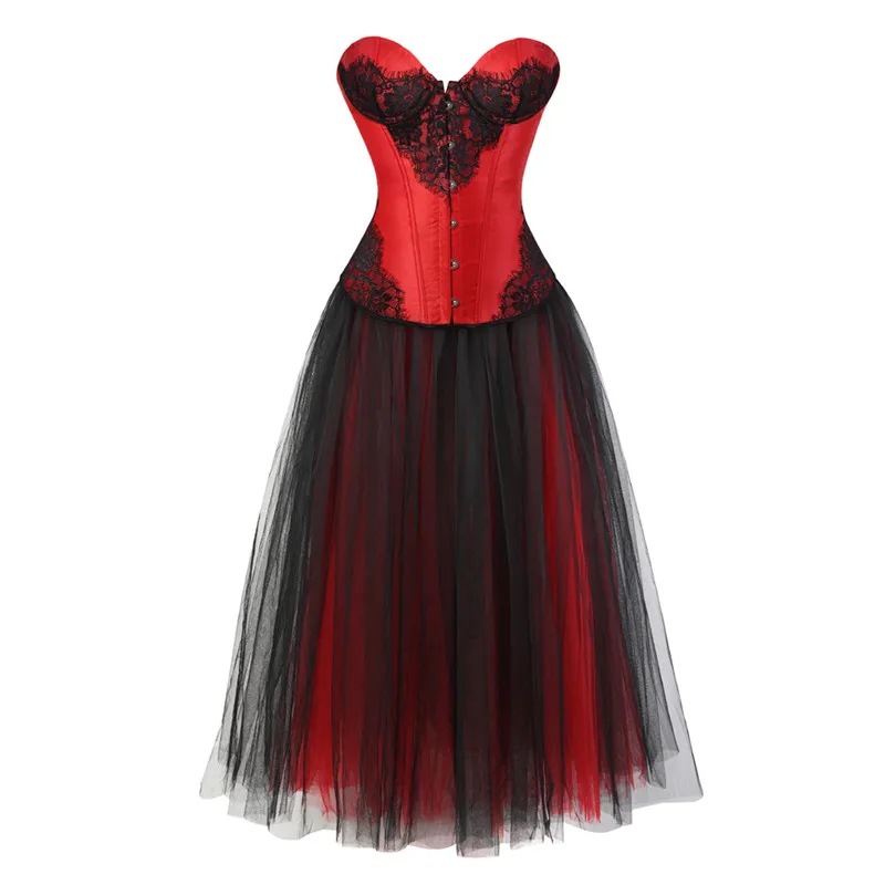 

Sapubonva Steampunk Overbust Corset Bustier Red Vintage Party Gothic Waist Trainer Corsets Lace Mesh Long Skirt Corset Dresses