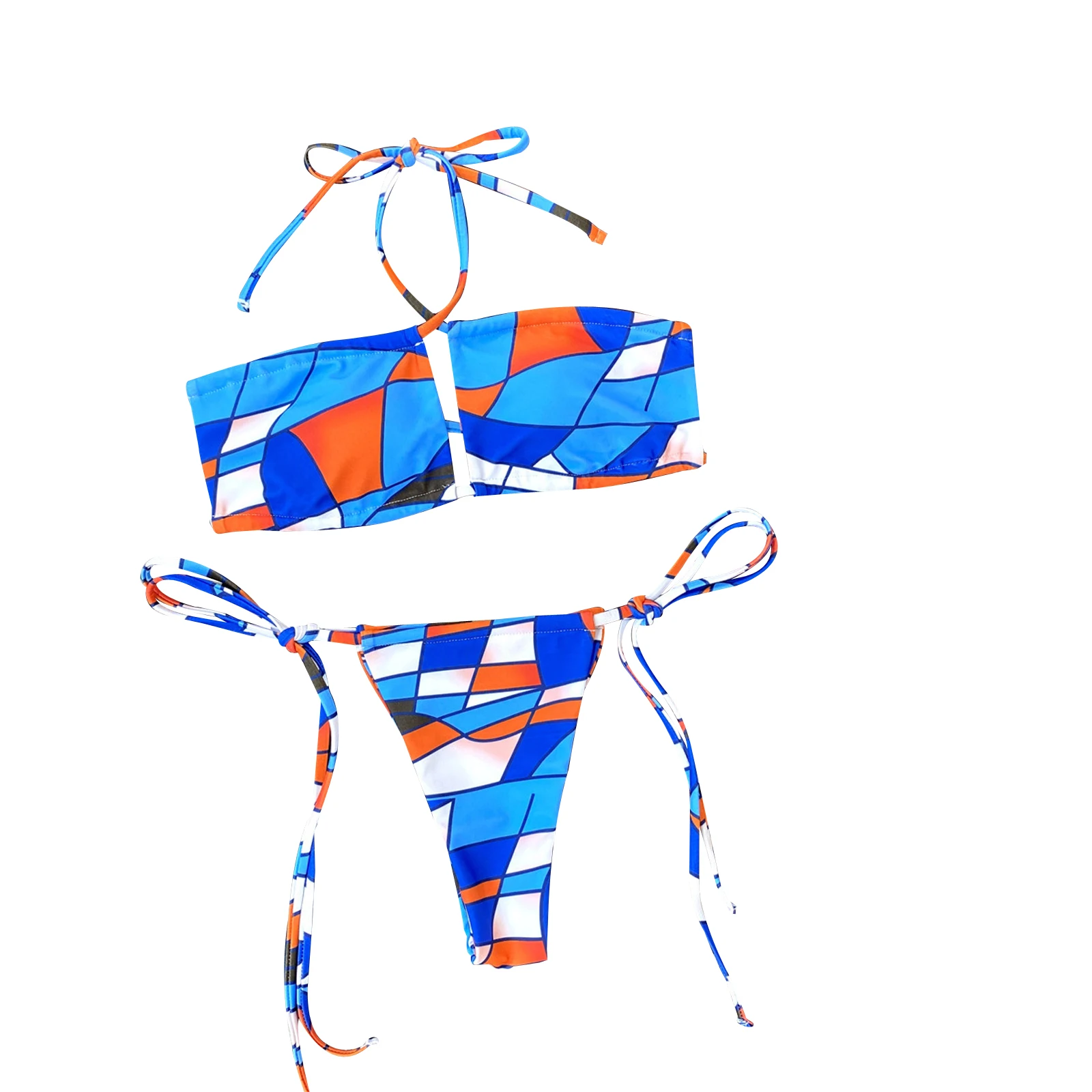 

Женские сексуальные костюмы бикини из двух частей, асимметричные клетчатые топы с лямкой на шее и стринги со средней талией на завязках
