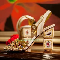 colorful crystal ball decor block heel sandals retro narrow strap open toe cut out luxury designer ladies runway sandals shoes
