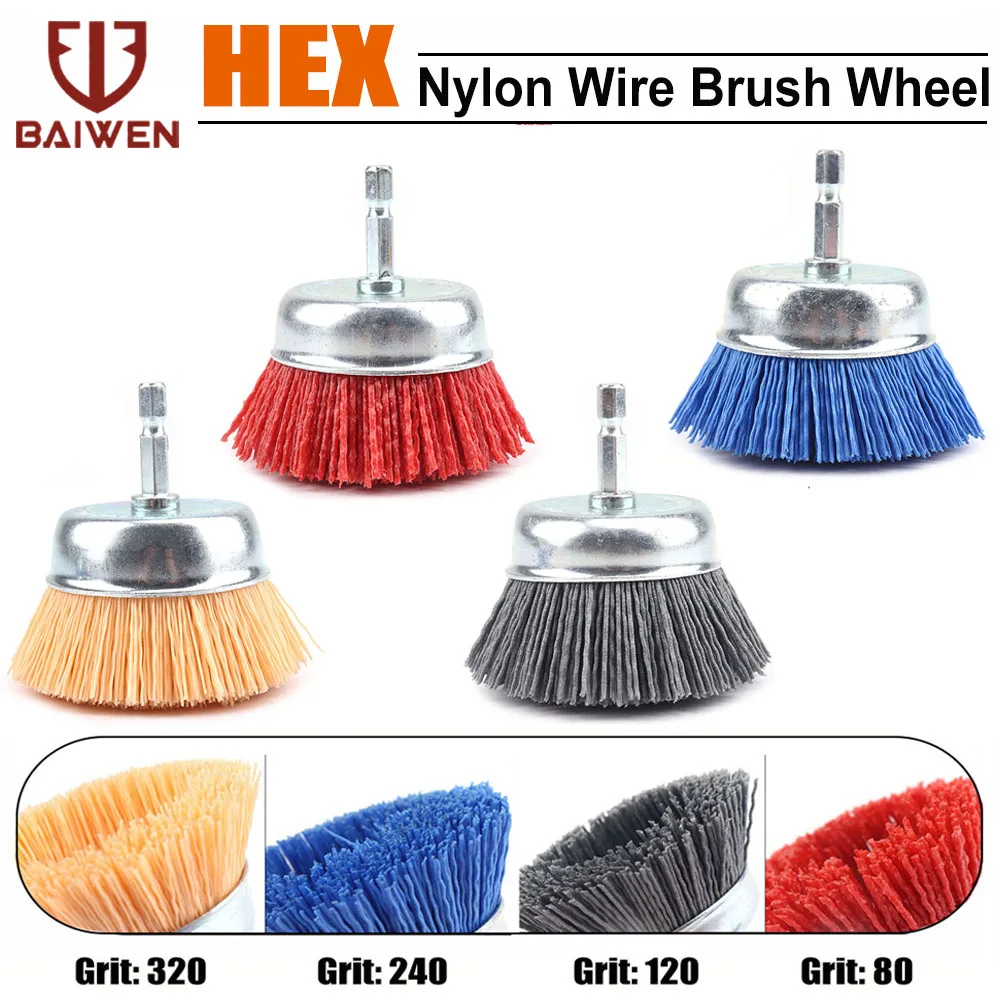 3 Inch Cup Nylon Abrasive Brush Wheel Drill Brushes 1/4 Hex Shank for Metal Remove Rust Corrosion Paint Max RPM 4,500 3 inch wire cup brush with 1 4 hex shank crimped tempered steel bristles
