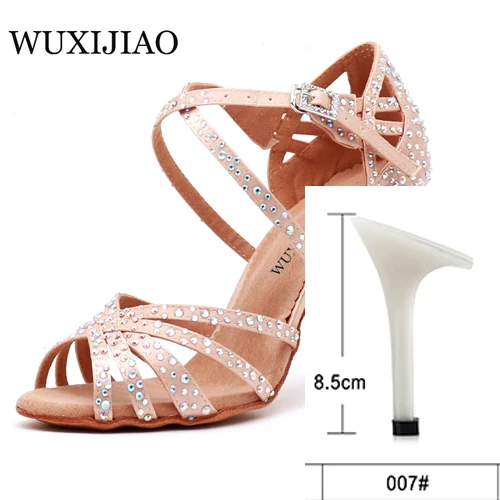 Skin heel 8.5cm WUXIJIAO Женская танцевальная обувь для вечеринки Атласная блестящая обувь для латинских танцев с мягкой подошвой и стразами Женская обувь для сальсы heel5CM-10CM - Цвет: Skin heel 8.5cm
