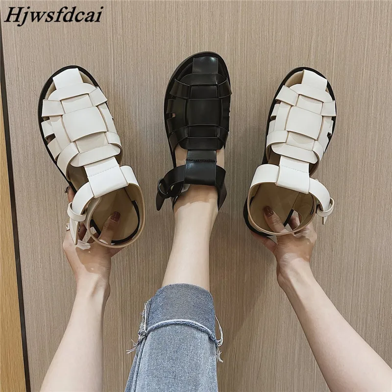 

Flat Heels Sandals Women's Breathable Closed Toe Roman Shoes Thick Bottom Commuter Baotou Casual Shoes 2021 Summer Beach Shoes