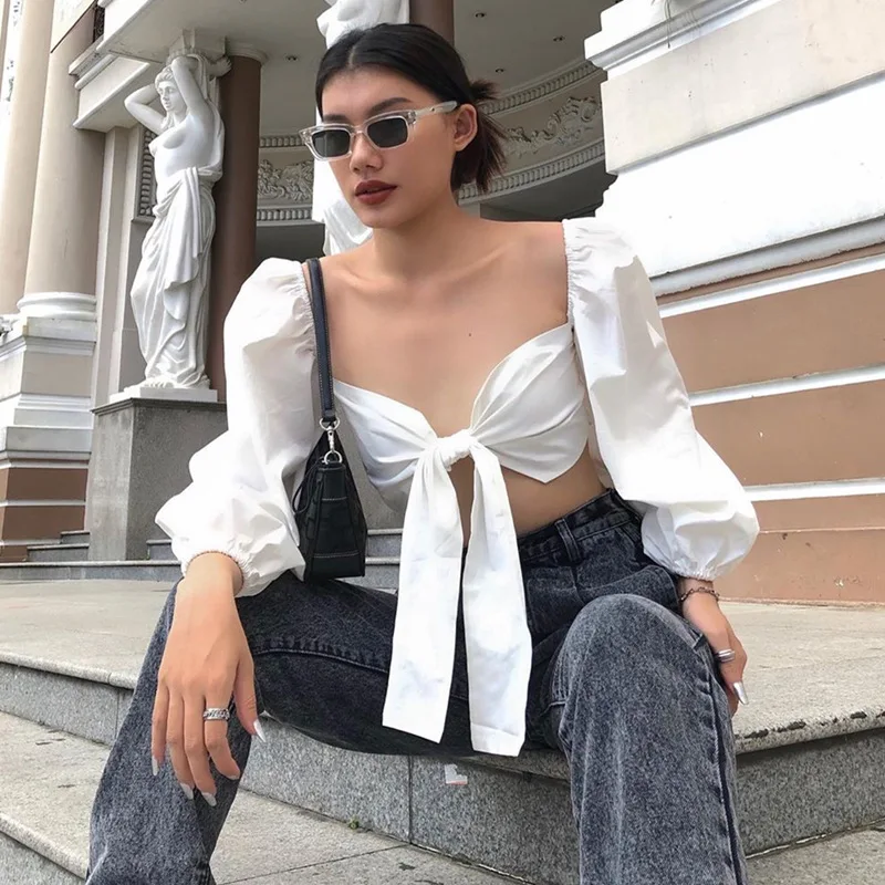 

Hollow Out White Blouse Woman 2021 Long Sleeve Spring Summer Girls Sexy Corset Tops Streetwear Fashion Bow Know Lace-up Shirts