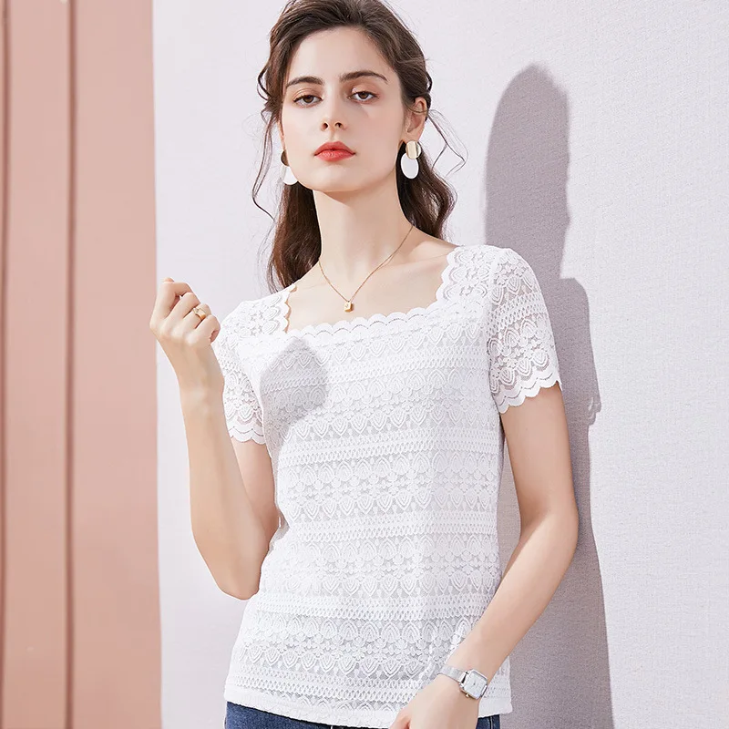 

Short Sleeve Lace Tops New 2021 Summer Square Collar Women's T-Shirt Solid Color Hollow Out Women shirt Blusas