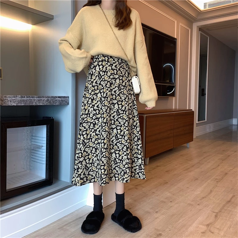 

Floral Vintage Print Skirts Spring Autumn Women Elastic Waist Midi Skirt