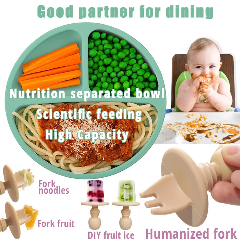 

Customized Silicone Newborn Feeding Children's Tableware Solid Color Dinner Set Plates Training Bowl Mini Fork Spoon Baby Stuff