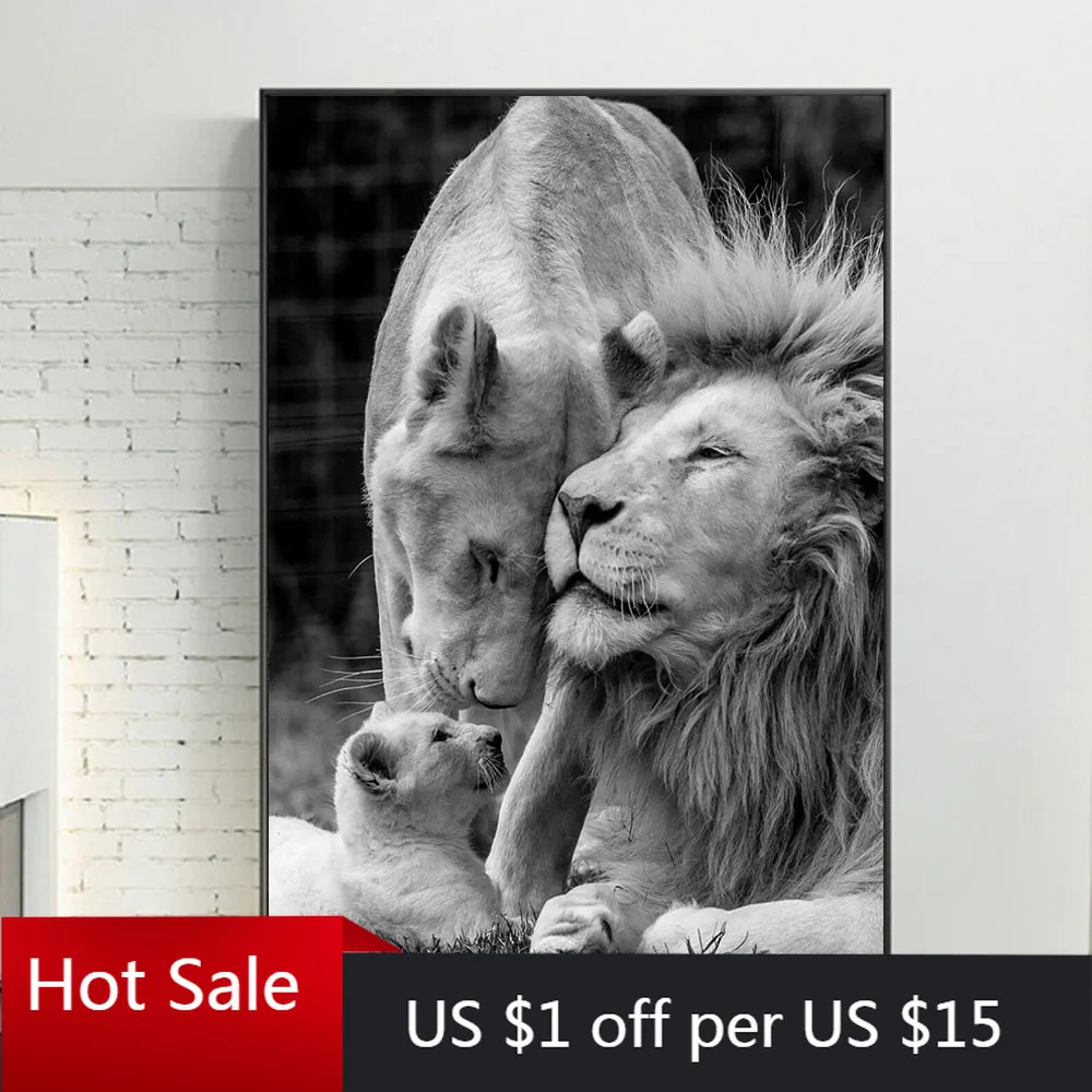 Африканский Лев семья черный и белый холст живопись художественные плакаты