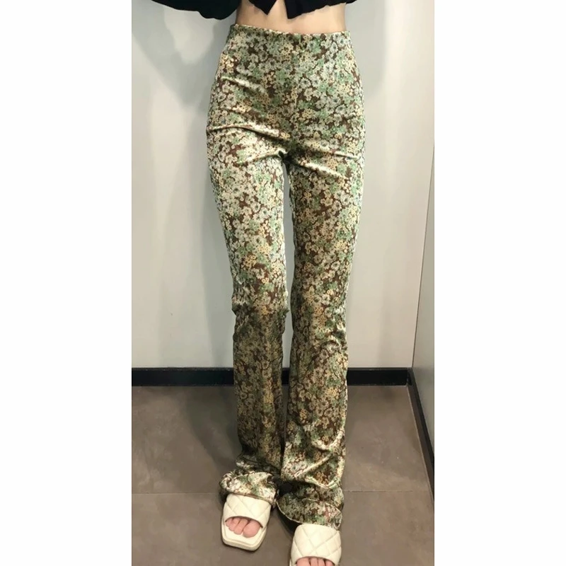 

Flower Print Pencil Pants Retro Femme Casual Chic Slim Velvet Side Zipper Fly Trousers Vintage Lady Pants Indie 2021 New Women