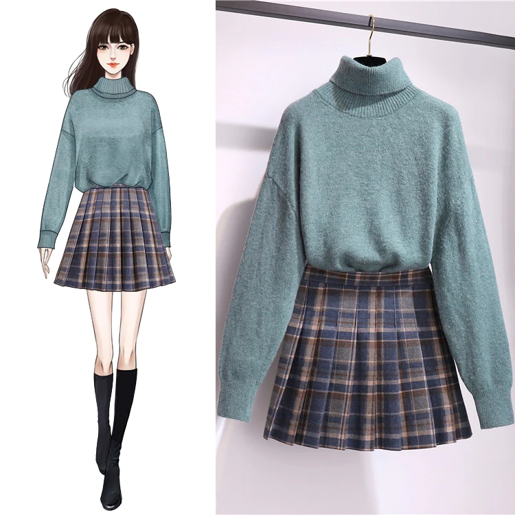 

Fall And Winter New Loose High-Necked Pullover Sweater Fashionable Sweater Grid Pleated Skirt Outfit 2 Pcs Clothing Set Knitwear