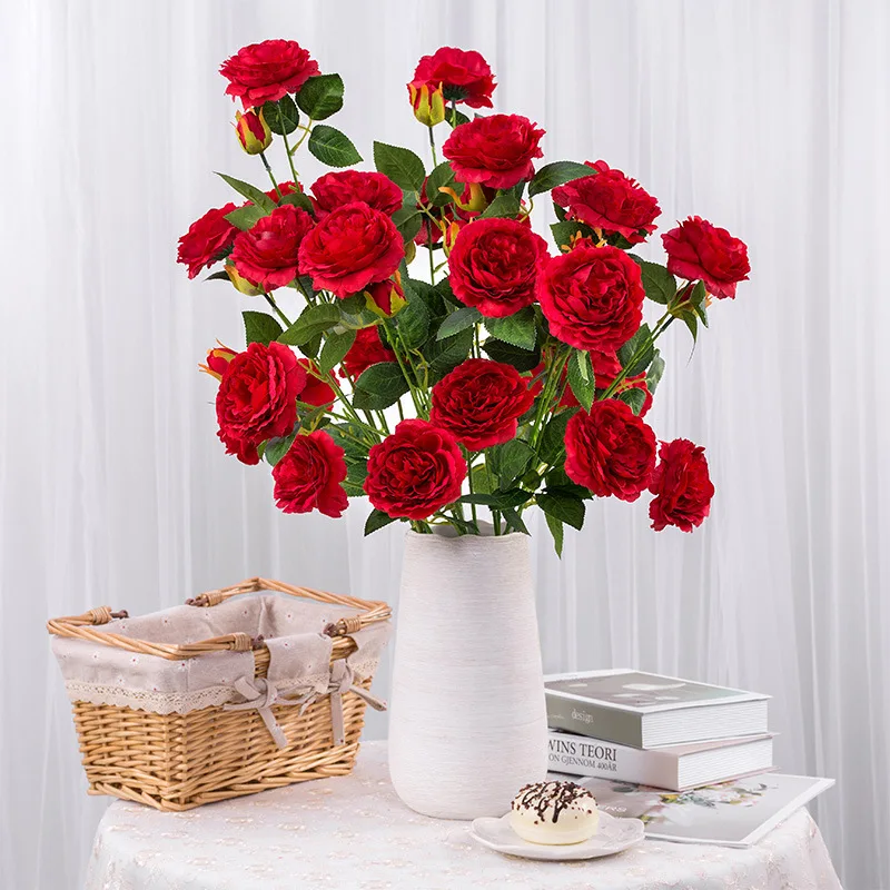 

10 шт./лот, лидер продаж, 3 искусственные Пионовые цветы, ветка, Европейский декоративный цветок, композиция из роз, свадебное украшение