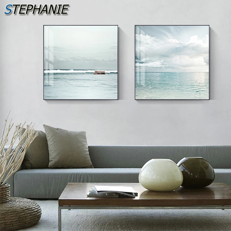 

Modern Nordic Seascape Wall Poster Fashion Light Blue Print Canvas Art for Living Room Bedroom Abstract Wall Art Pictures Decor
