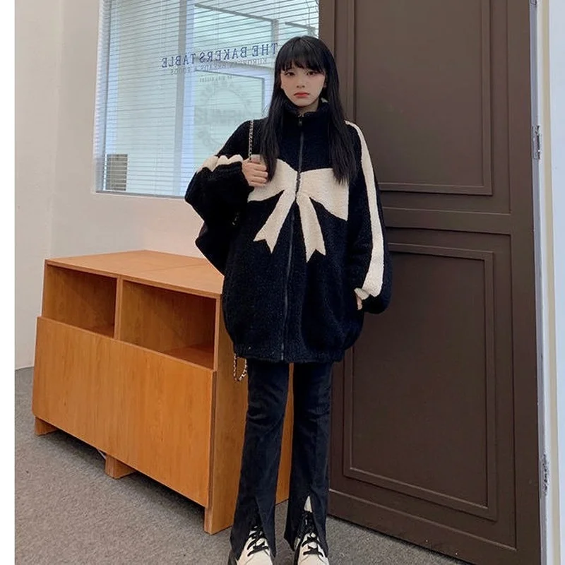 Loose Bowknot Polar Fleece Imitation Lamb Fur Fashionable New Winter Coat Faux Fur Coat  Puffer Jacket  Winter Coat Women