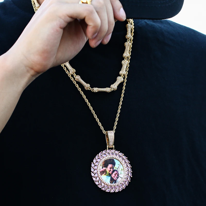 

Hot Custom Photo Rotating Flower Type Double Sided Medal Pendant Necklace zircon For Women Men Hip Hop Jewelry Anniversary
