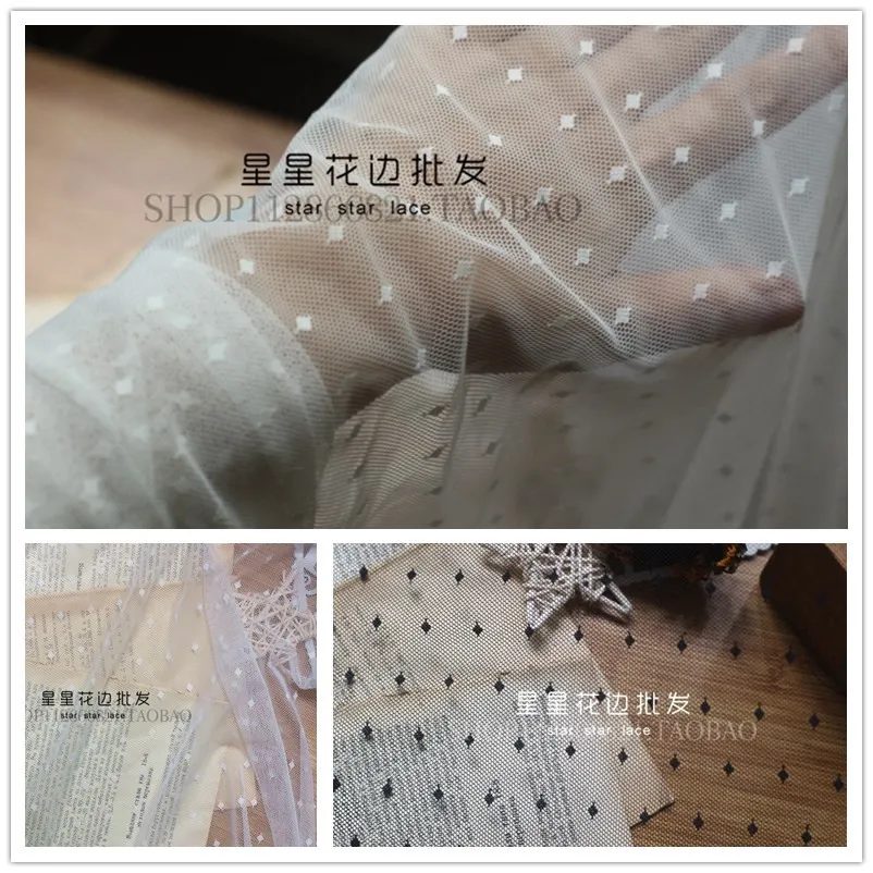 Кружевная эластичная сетчатая ткань черно-белая в горошек 50 см | Дом и сад