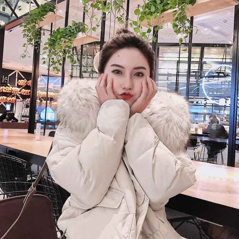 

Women Winter Faux Fur Hooded White Duck Down Jacket Female Warm Thicken Outwear Long Coat Oversize Parka Chaqueta Mujer M135