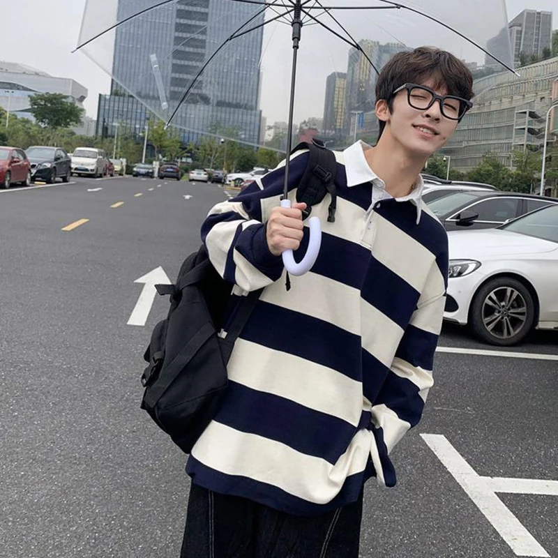 Мужская футболка поло с длинным рукавом в полоску|Мужские футболки| |