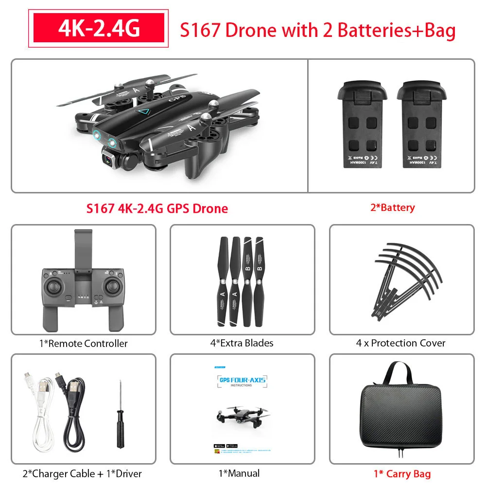 S167 gps Дрон 4K 5G wifi 1080P FPV камера дроны gps следуем за мной высота держать широкоугольный Квадрокоптер с камерой складной Радиоуправляемый Дрон - Цвет: 4K 2Batteries Bag