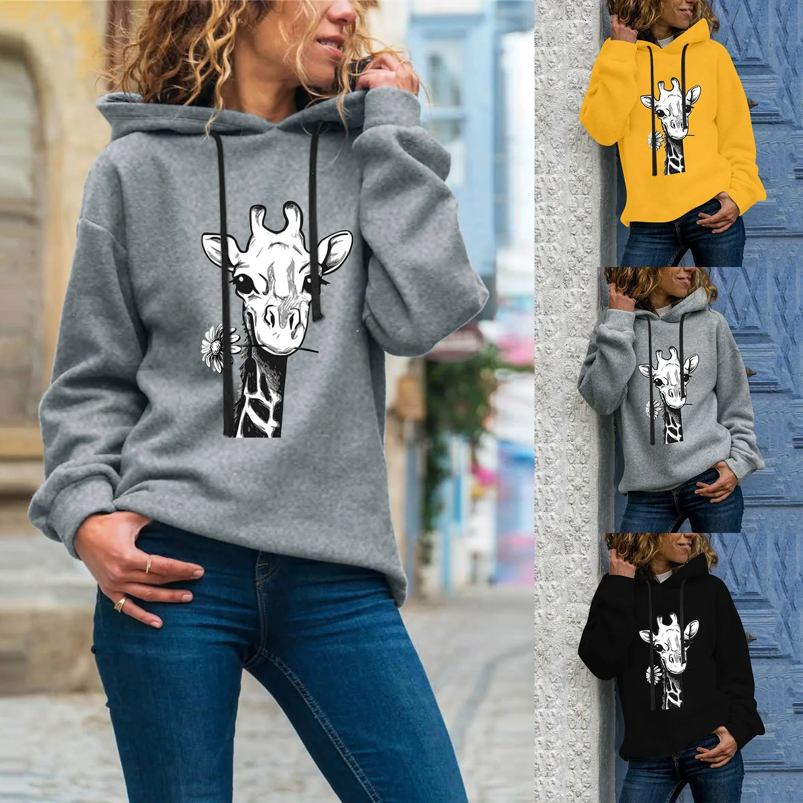 

Корейский мультфильм Жираф узор с длинным рукавом флисовые теплые толстовки женские зимние свободные пуловеры однотонный свитшот с капюшо...