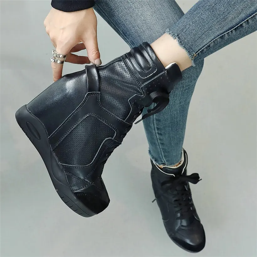 

High Top Trainers Women Breathable Cow Leather High Heel Party Pumps Shoes Female Lace Up Platform Oxfords Shoes Casual Shoes
