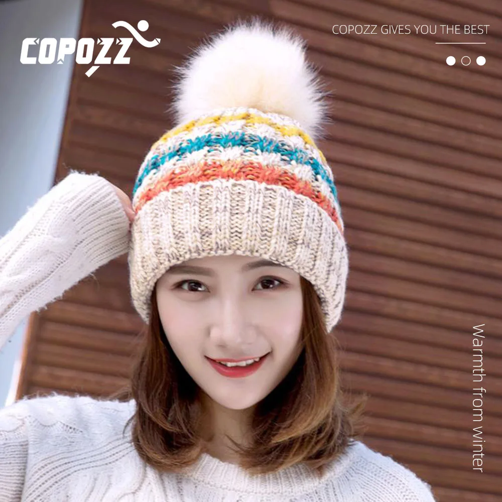 COPOZZ меховая шапка с помпоном зимняя женская для девочки вязаные шапки катания на