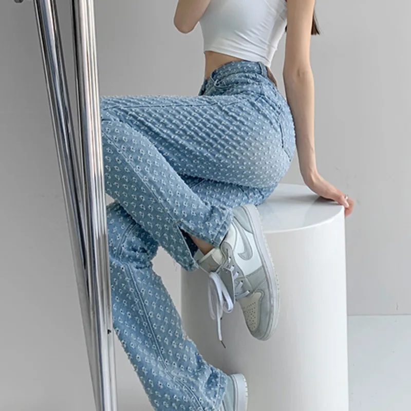 

Лидер продаж, Женские Жаккардовые джинсы GAGA для девушек, женские повседневные брюки с высокой талией и разрезом, тонкие свободные прямые брюки GB6Q