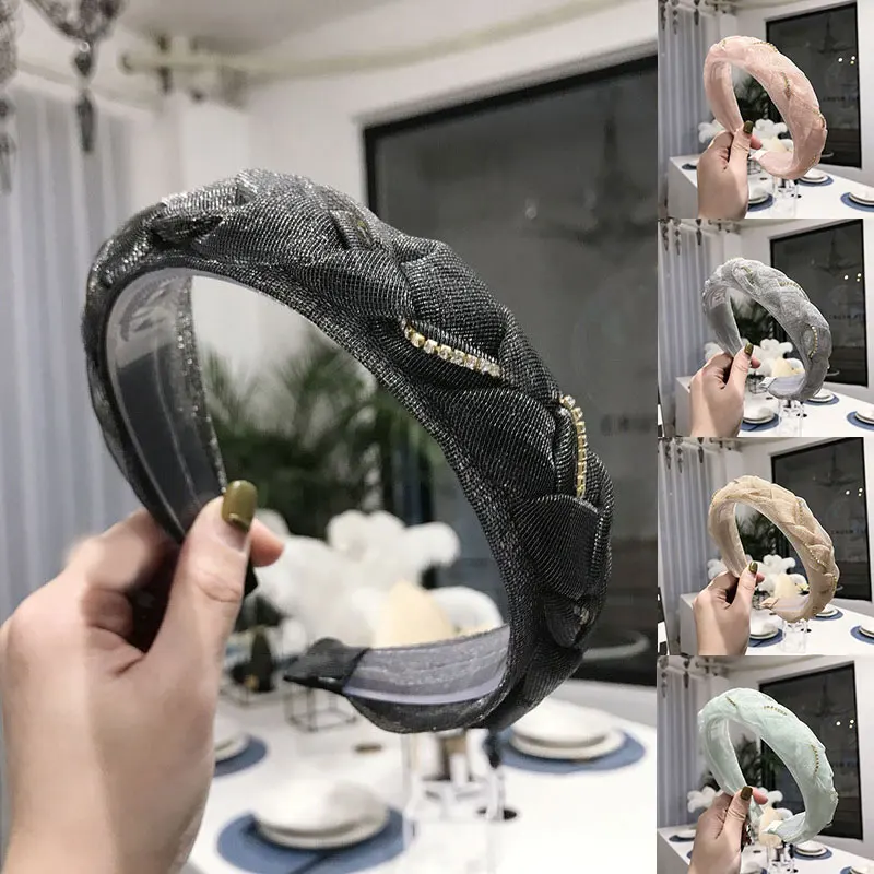 

Handmade Twist Braid Chain Hair Hoop Solid Color Wide Brimmed Head Hoop Elegant Hair Accessories Bohemian Lace Mesh Headband