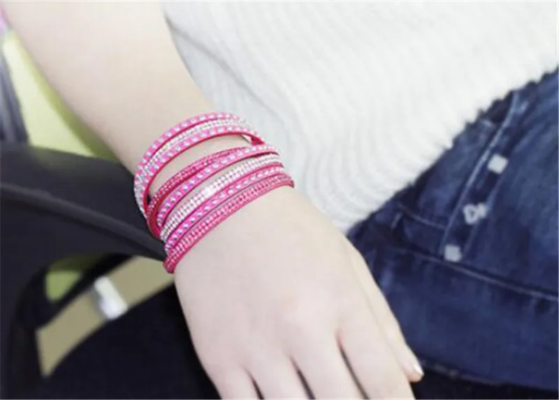Women Luxury Multilayer Leather Wrap Cuff Punk Crystal Rhinestone Bracelets Bangle Jewelry Rose Black Birthday Valentine Gift | Украшения и