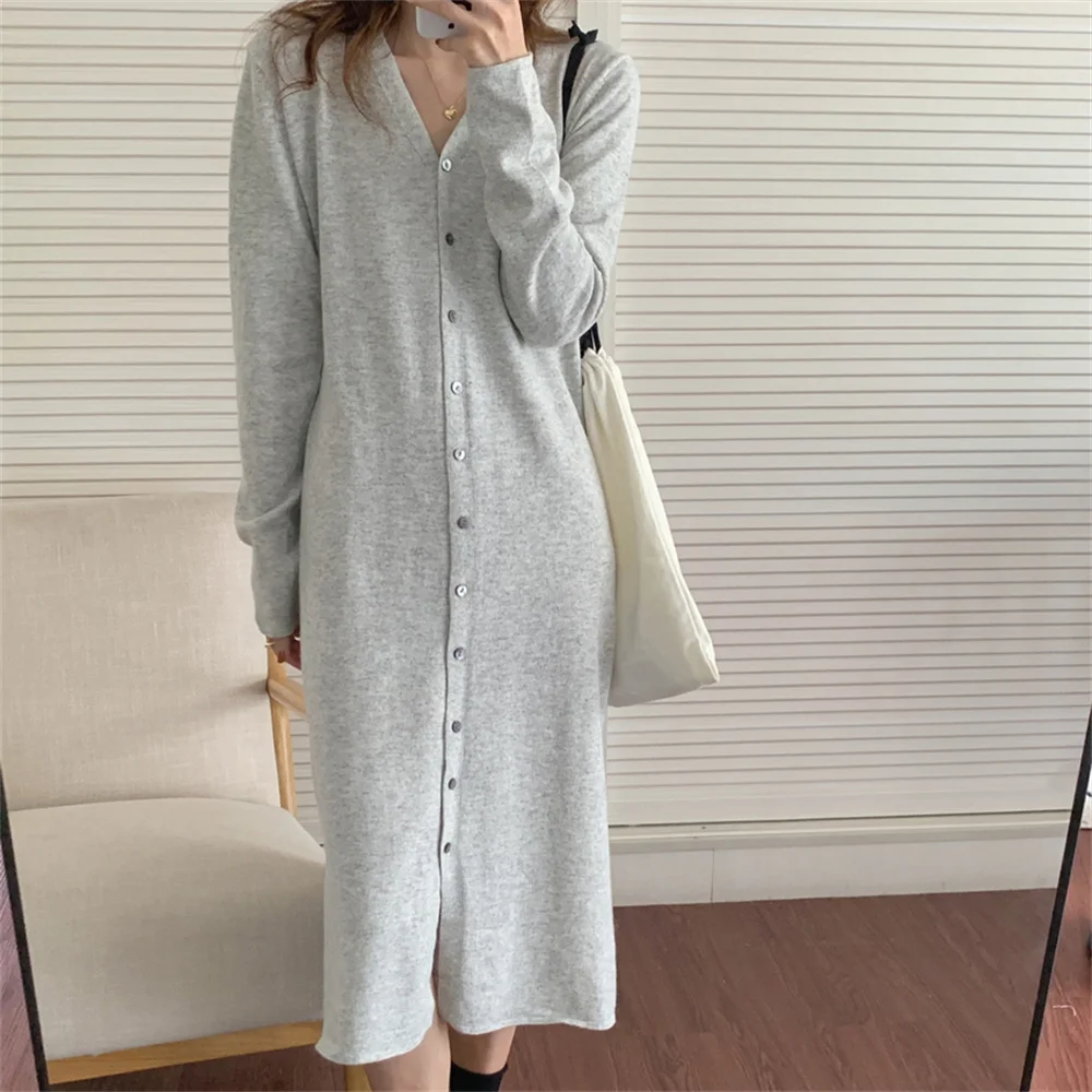 

Alien Kitty Straight V-Neck Knitwear Sweater Dress Bottom 2021 Autumn Soft All Match Single Breasted Casual Hot Elegant Vestidos