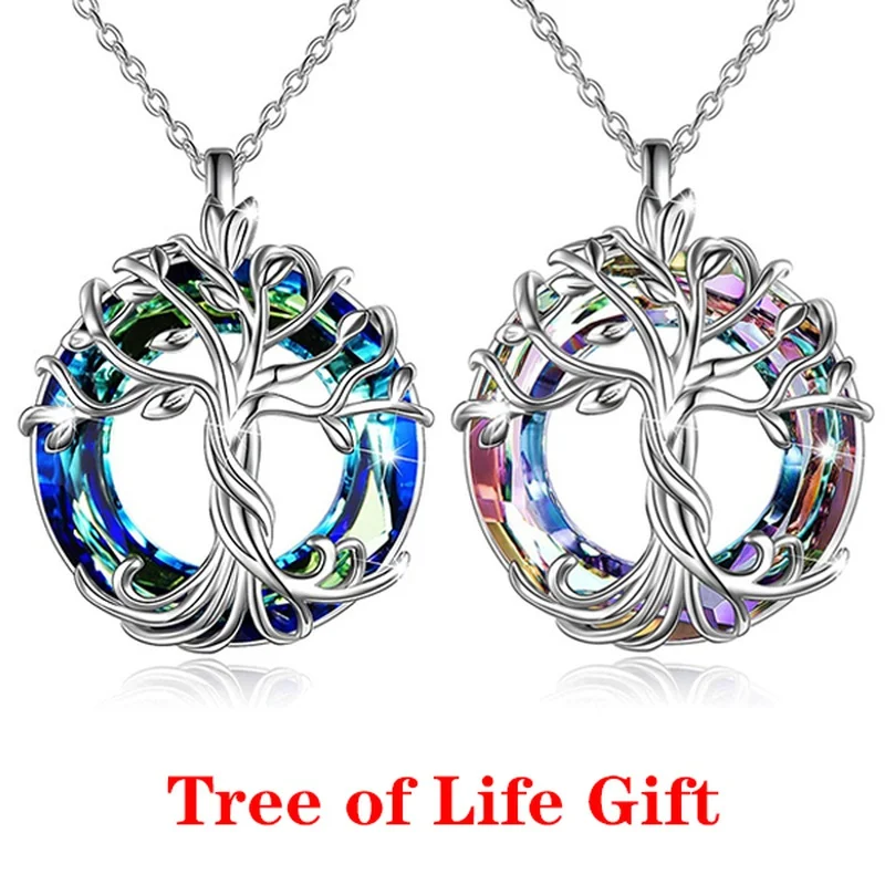 Модное серебряное ожерелье с деревом жизни для женщин, кольцо, многоцветный кристалл, ожерелье с кулоном, кельтское ожерелье, ювелирные изд...