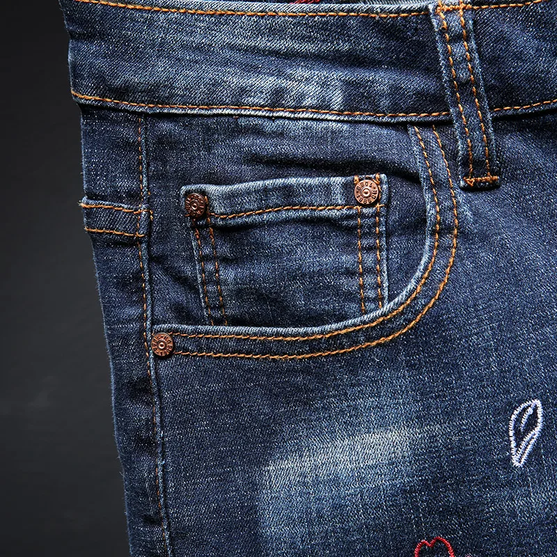 Мужские облегающие джинсы Koi fish синие повседневные хлопковые брюки с вышивкой