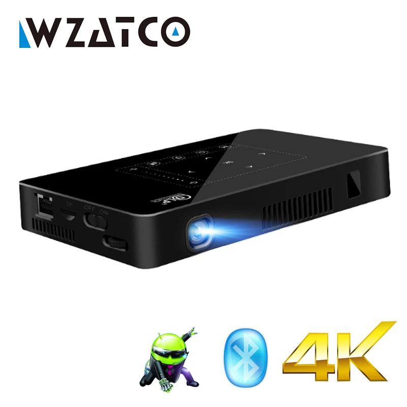 

WZATCO Android 2G 16G P10 WIFI Bluetooth with Battery Support 1080P 4K Mini Projector Smart Home Theater Pocket LED Proyector UF