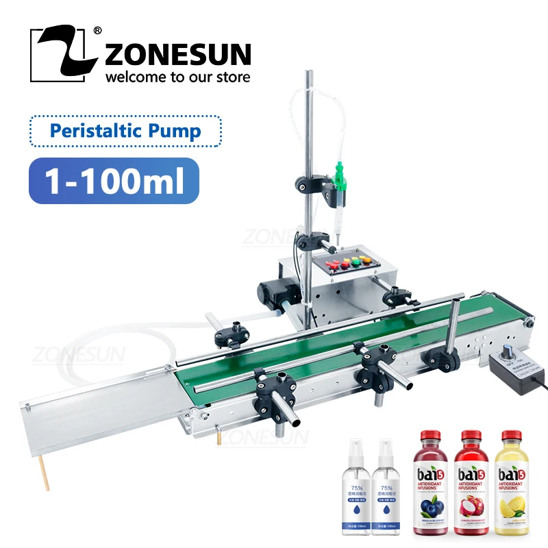 

ZONESUN Smart Small Automatic Peristaltic Pump Eyewash Perfume Sample Fluid Liquid Filling Machine Line With Conveyor Belt