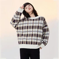 2021 plaid sweater joker womens loose knitted shirt new lazy wind retro hong kong turtleneck backing shirt in autumn and winter
