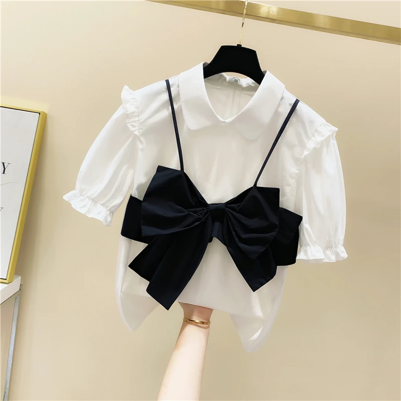 Женская рубашка контрастного цвета с бантом и оборками летние блузки топы в