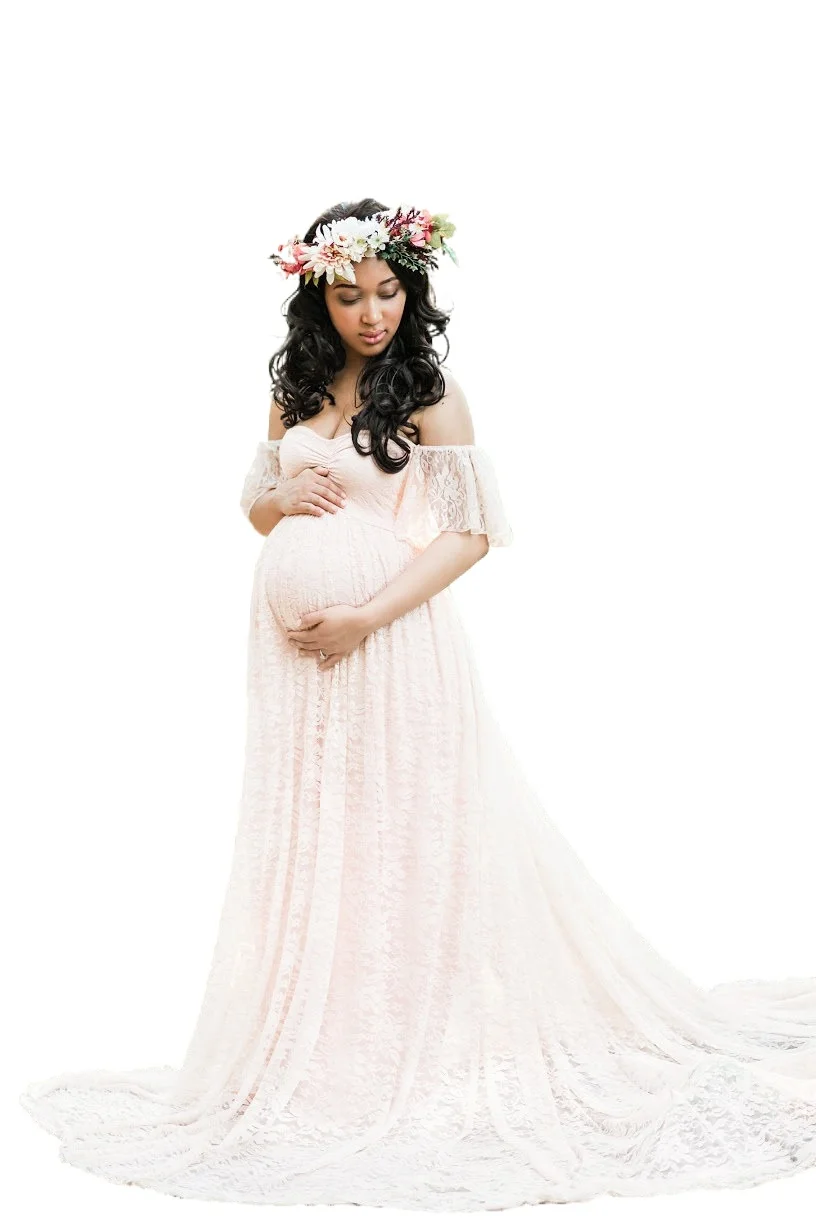 

Kyle Keith Maternity Off Shoulder Ruffle Sleeve Lace Wedding Gown Maxi Photography for Photo Shoot Dress