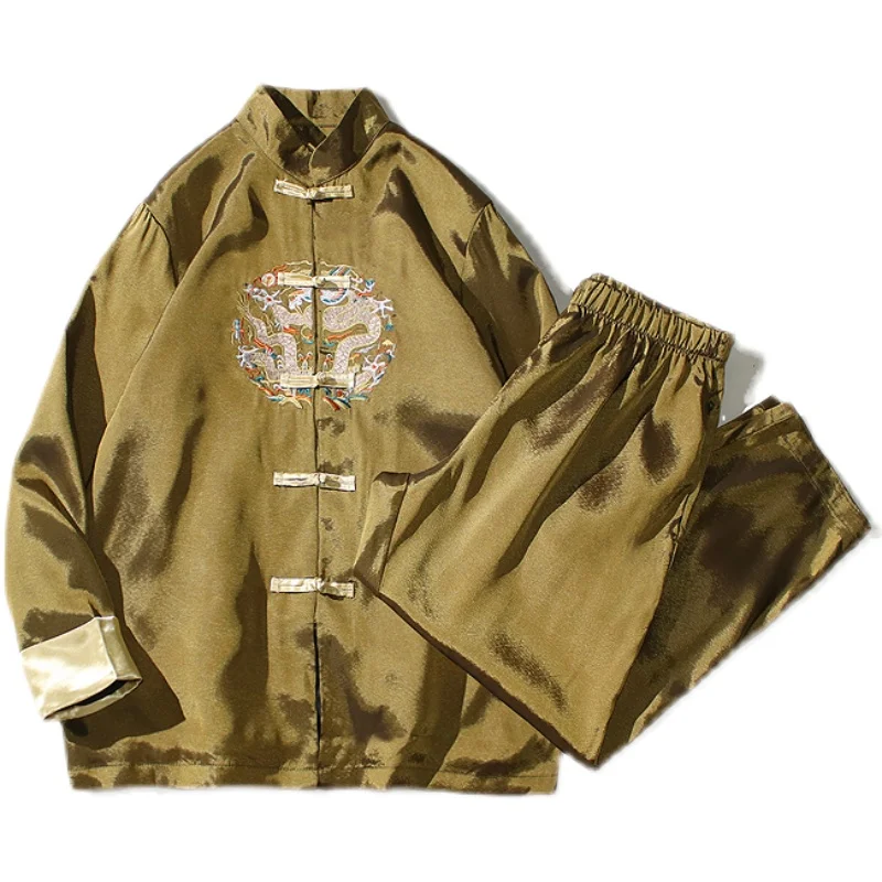 Chinese Style Men's Clothing Ice Silk Embroidery Golden Han Suit Tang Buckle Set Two-piece Traditional | Тематическая одежда и