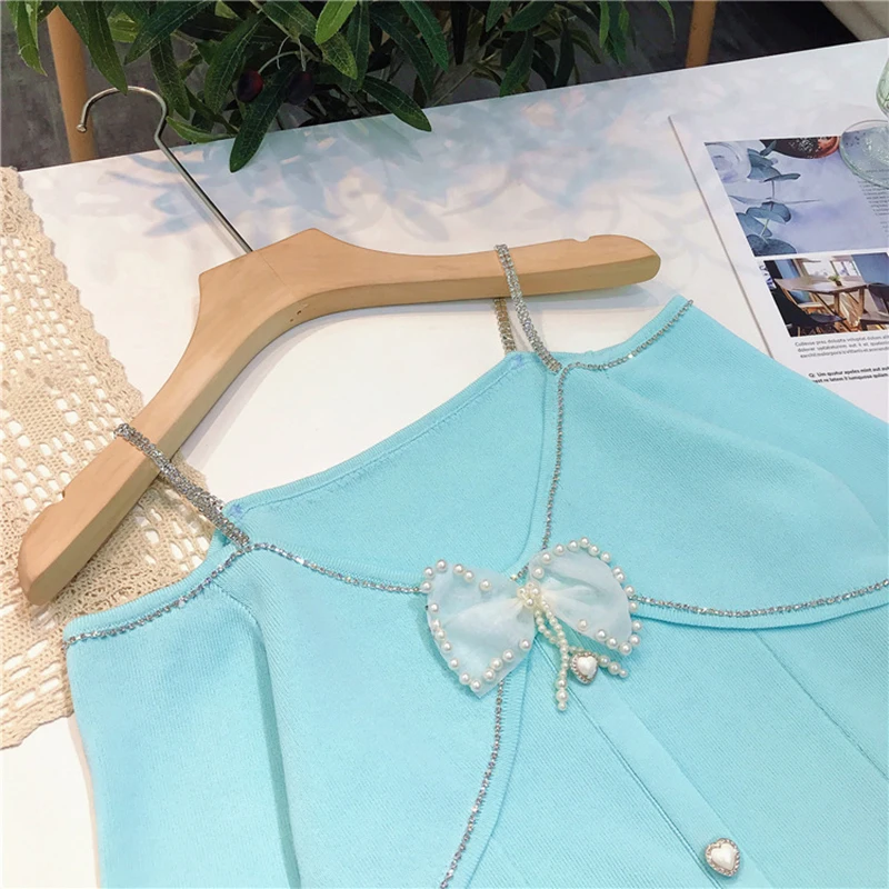 

TWOTWINSTYLE Patchwork Diamonds Pearl Bowknot Shirt For Women V Neck Short Sleeve Slim Blouses Females Summer Fashion 2021 Style