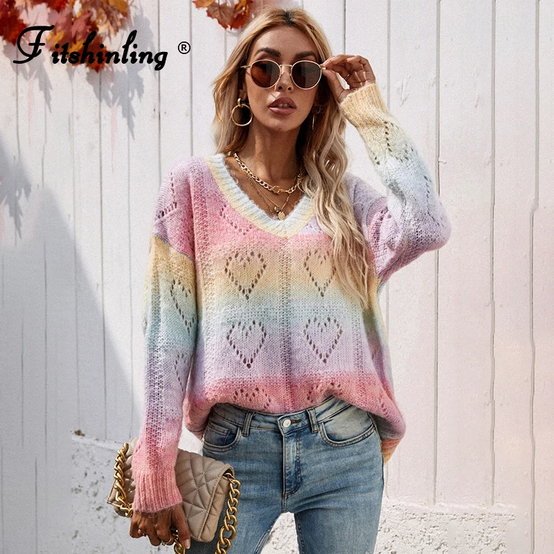 

Fitshinling Hollow Out V Neck Pullover Tie Dye Rainbow Jumper Knitwear Vintage Boho 2021 Sweater Women Clothing Colorful Tops