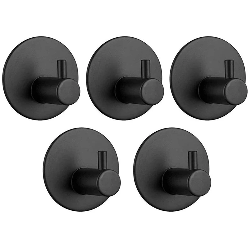 

Black Wall Hooks Self Adhesive Coat Hooks Heavy Duty Stainless Steel Bathroom Waterproof Hook for Wall Robe 5 Packs