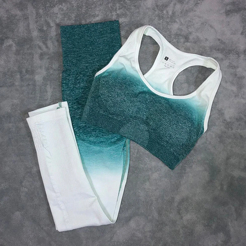 ice green set Спортивный комплект, тренировочная одежда, женские бесшовные Легинсы+ спортивный бюстгальтер, 2 предмета, спортивная одежда, женская спортивная одежда, бесшовный комплект для йоги с эффектом омбре - Цвет: ice green set