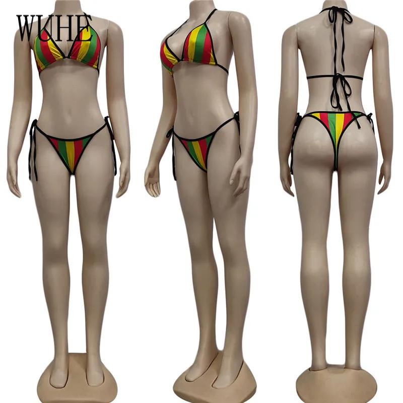 

WUHE Summer Bikinis Two Piece Suits Print Sexy Halter Backless Off Shoulder Top and Lace Up Panties Beach Holiday Casual Wear