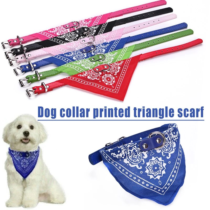 

Dog Bandana Collar Adjustable Cat Pet Neckerchief PU Collar with Printed Triangular Scarf DFK889