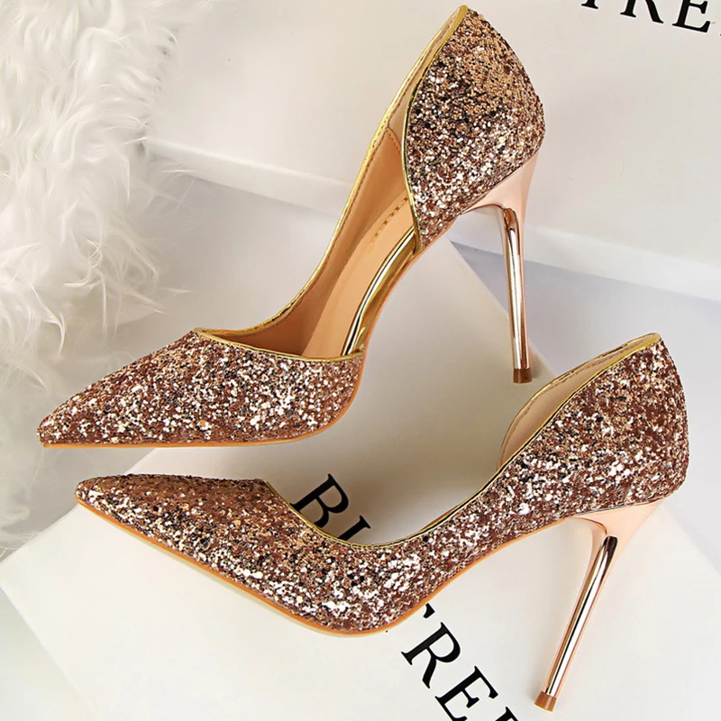 

2021 Women 9.5cm High Heels Glitter Low Heel Sequins Sparkly Office Pumps Lady Elegant Female Wedding Bridal Scarpins Gold Shoes