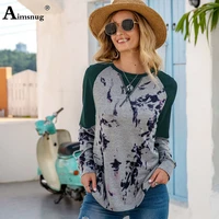 aimsnug tie dry print female t shirt vintage 2020 spring autumn round neck loose tees top patchwork women casual shirt pullovers