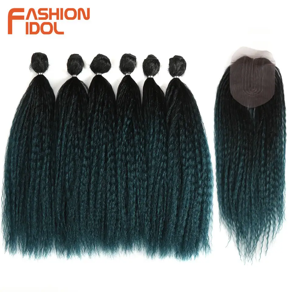 

FASHION IDOL Afro Kinky Straight Fake Hair Weaves For Black Women 6 Bundles With Closure Ombre Blue Synthetic Hair Extensions