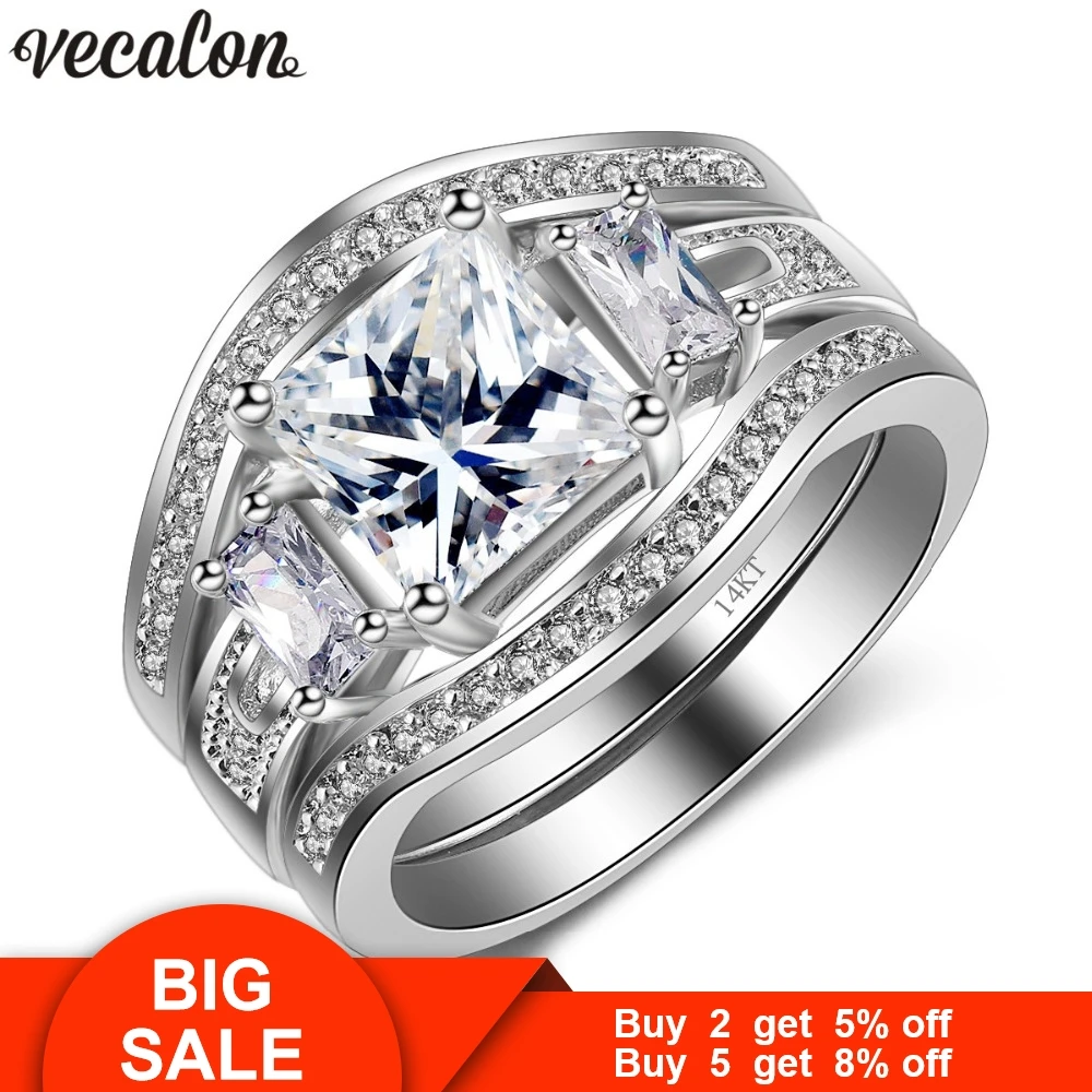 Женский набор обручальных колец Vecalon Princess cut 4ct stone AAAAA Zircon обручальное кольцо из